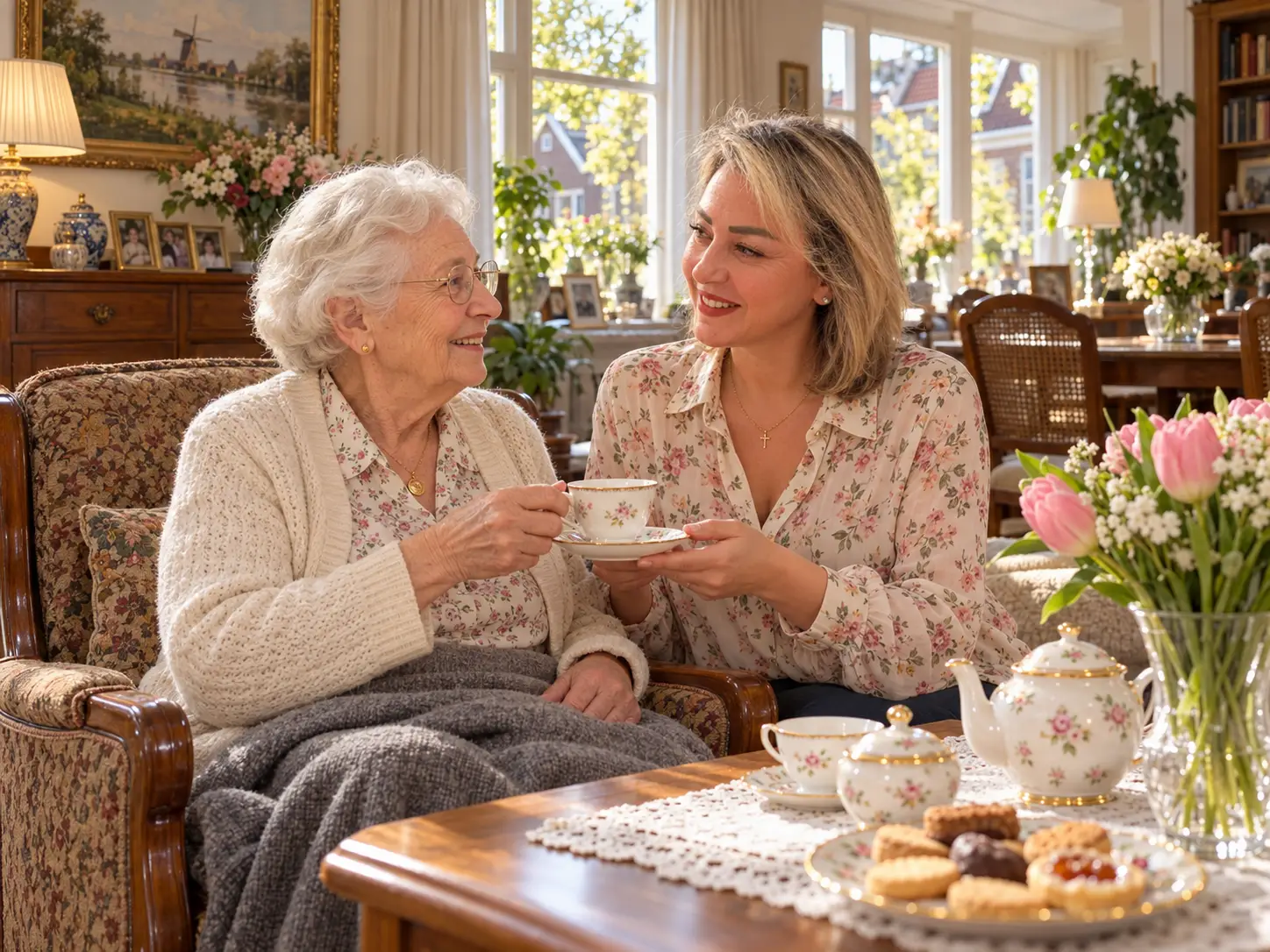 Juliana drinkt thee met een oudere dame